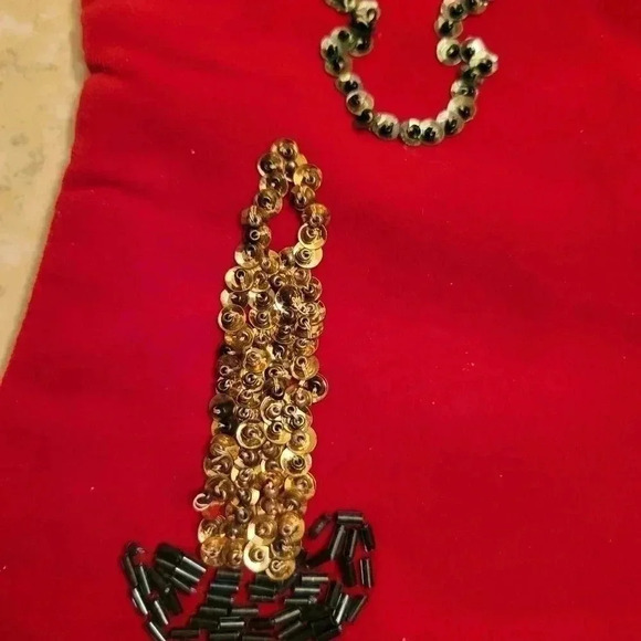 Vintage Red Velour Christmas Stocking Homemade Sequins Tree Snowman - Picture 3 of 7